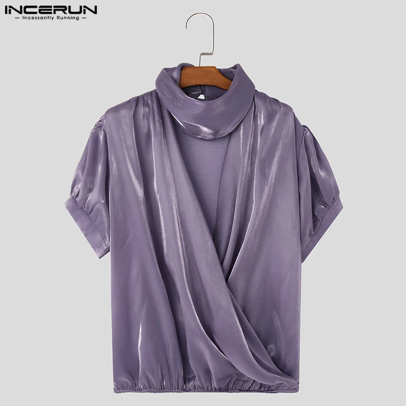 2024 Men T Shirt Solid Color Satin Turtleneck Short Sleeve Hollow Out Streetwear Men Clothing Pleated Fashion Tee Tops INCERUN