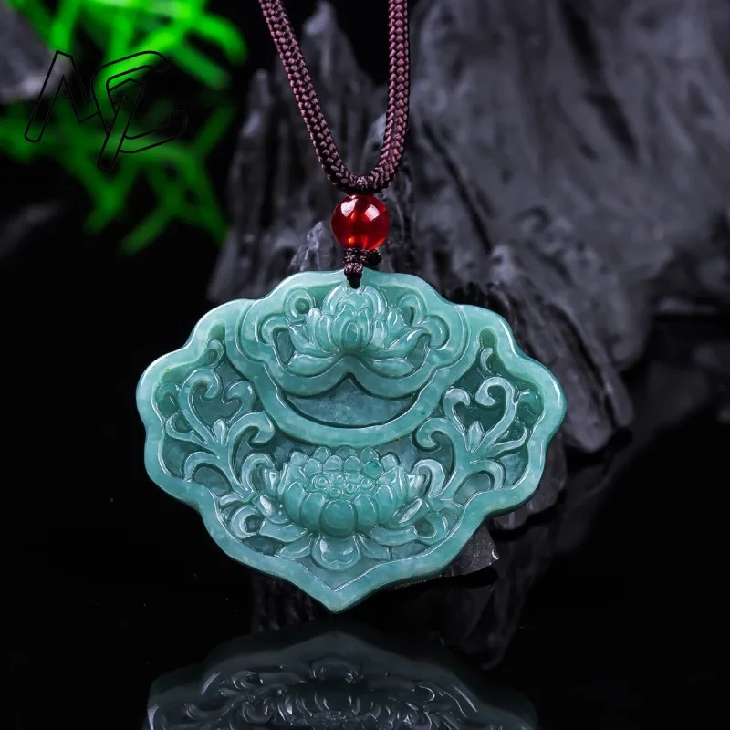 Real Burmese A Emerald Jade Blue Water Ruyi Lotus Pendant Amulets Natural Emerald Jewelry Gifts Certificate Sweater Chain Women