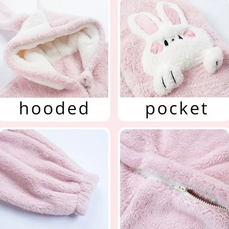 Coral Velvet Onesies Women Cute Rabbit Preppy Cartoon Hooded Kawaii Thicker Keep Warm Cotton Pajamas Homewear Sweet Girl New