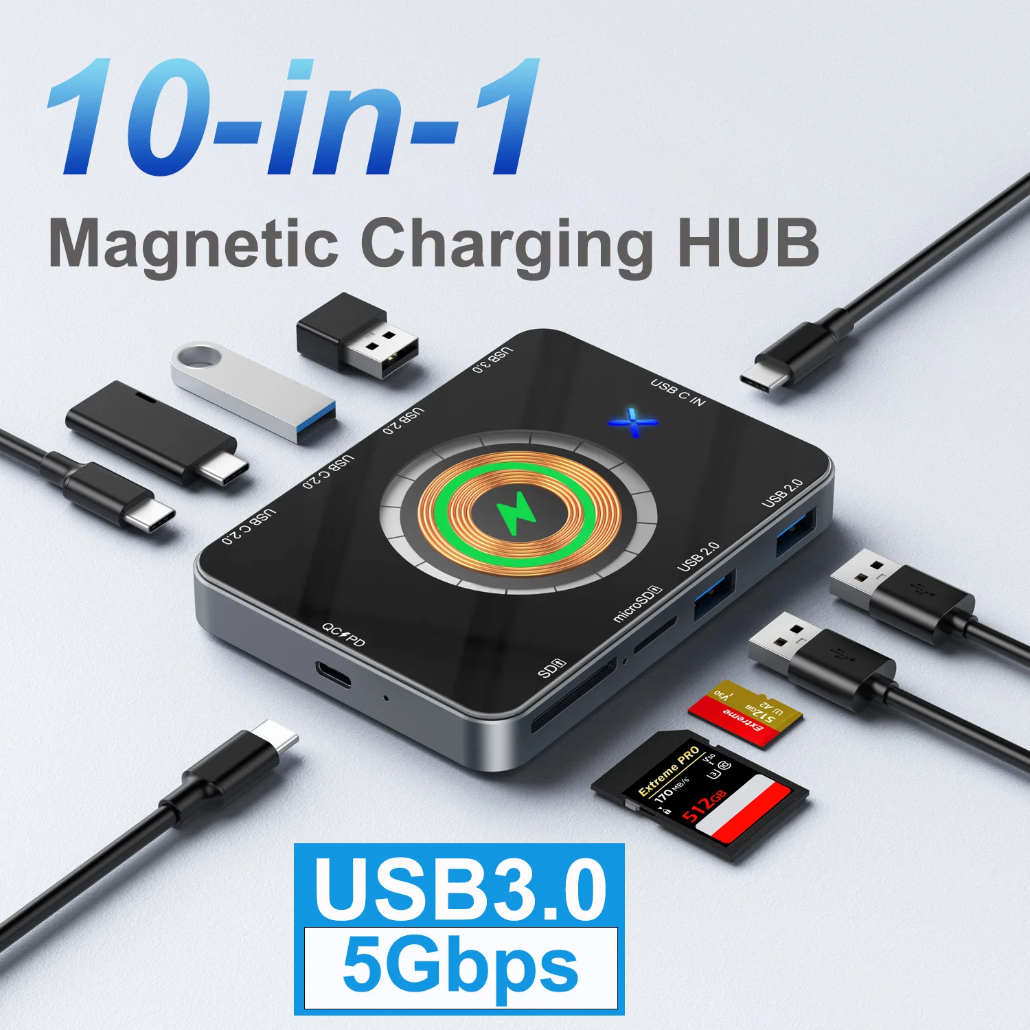 10 in 1 Ports USB C HUB Type C Adapter 5Gbps USB3.0 SD Docking Station PD 15W Magnetic attraction Charging Computer Accessories