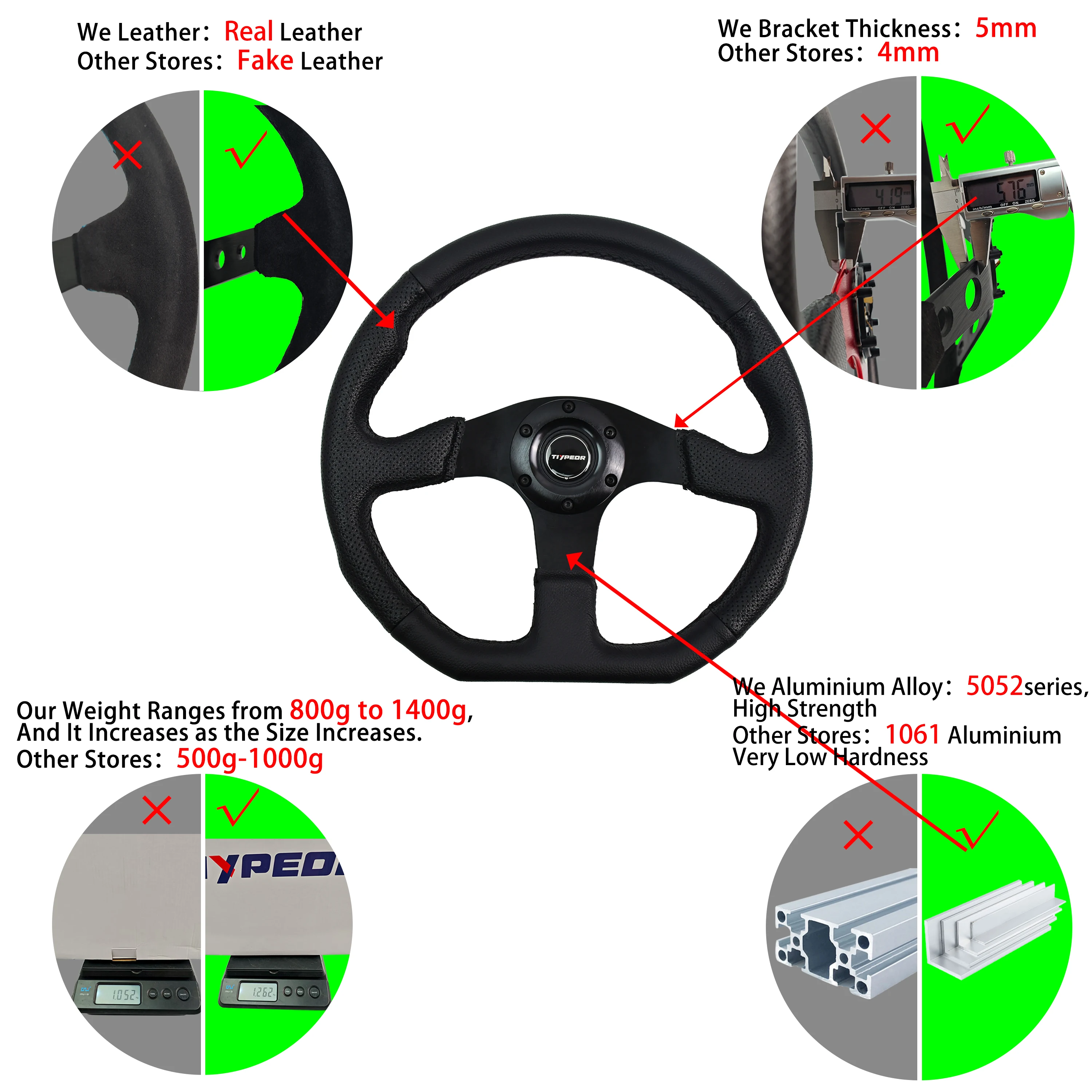 TIYPEOR 340MM Black Style Threaded Car Steering Wheel Universal Customized Version