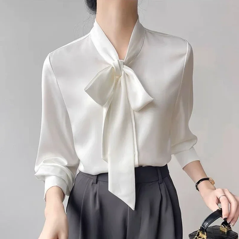 Elegant Bow Neck White Chiffon Shirts Women 2024 Fashion Autumn Winter Long Sleeve Tops Mujer Korean Style Office Ladies Blouses