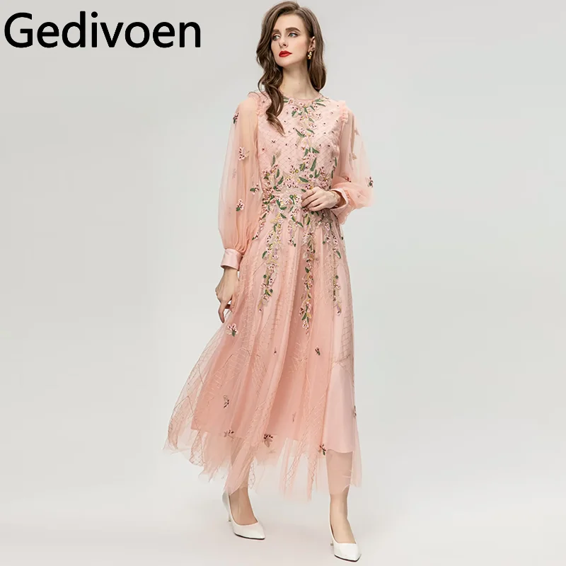 

Gedivoen Summer Fashion Runway Designer Dresses Women's Temperament Floral Embroidery Net Yarn Ruffles Elegant Princess Dresses