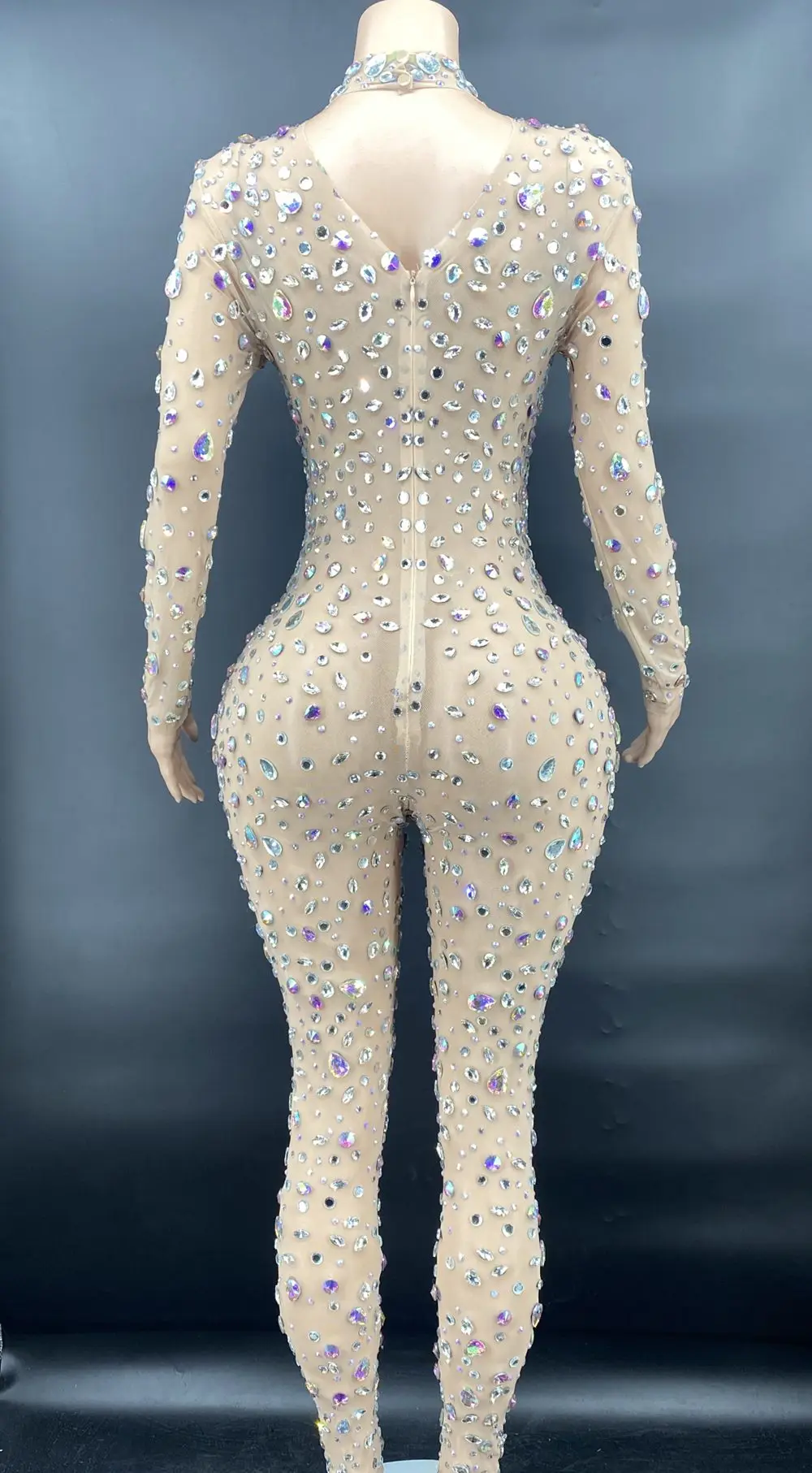 Sparkly AB Rhinestones Jumpsuit ผู้หญิงวันเกิด Party Celebriate Evening Prom ชุดเซ็กซี่ตาข่ายคริสตัล Rompers เวทีแสดงสวมใส่