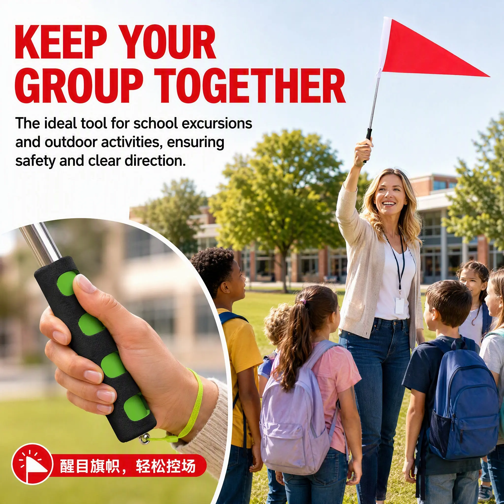 2 drapeaux de guide touristique avec mât amovible, légers et portables, idéaux pour les activités de groupe en extérieur, les voyages et les excursions scolaires.