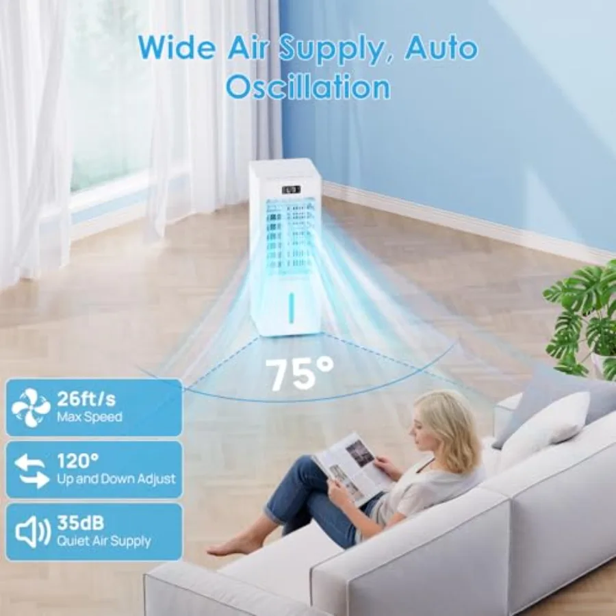 Swamp Cooler for indoor use, plastic body, white color, 6L tank capacity with 4 ice packs and 12H timer