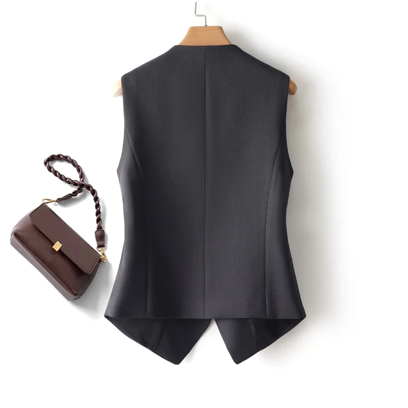 Dark Gray Single-Breasted V Neck Short Vest for Women in Spring and Autum, Slim and Versatile Top for Workplace Can Be Worn Ins
