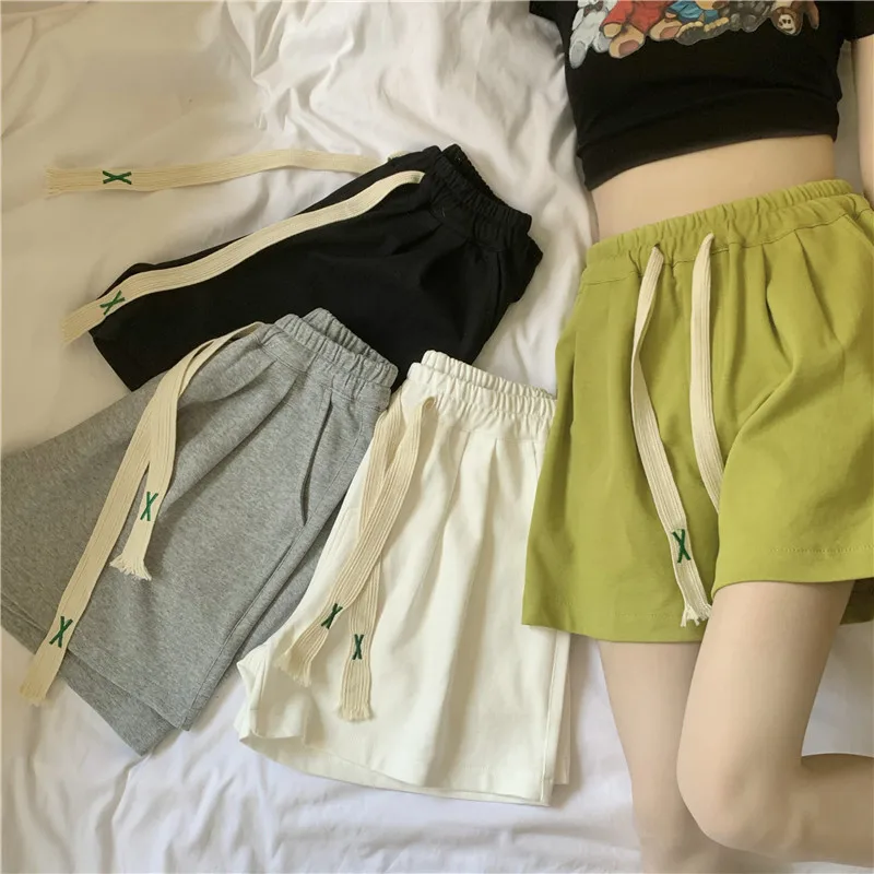 

Summer Casual Sports Wide Leg Drawstring Elastic Shorts Cotton Solid Color Korean Wide Leg Pant Sports Shorts Clothing A74