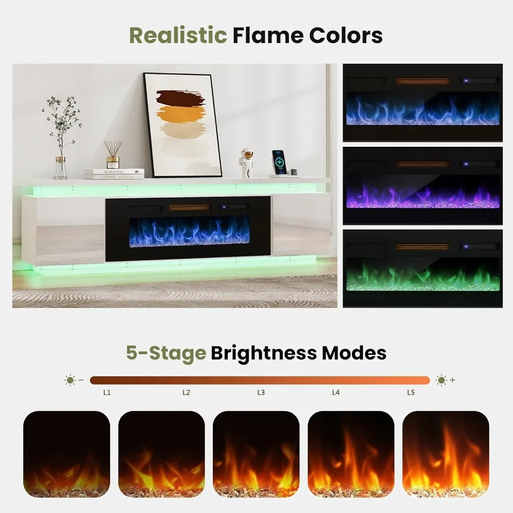 مركز ترفيهي لـ 85 تلفزيونًا مع 40 مدفأة مدمجة ومصابيح LED، يتميز بـ 4 منافذ طاقة تيار متردد