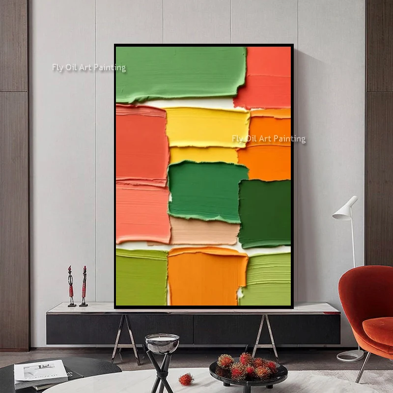 Abstract Green Yellow Orange Knife Thick Oil Painting For Home Decor Large Fashion Handpainted Beige White Simple Wall Art Decor