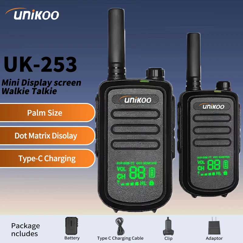 

UNIKOO UK253 2 PCS Mini Walkie Talkie Type C Charging Long Range Communication Set Two Way Radios for Outdoors