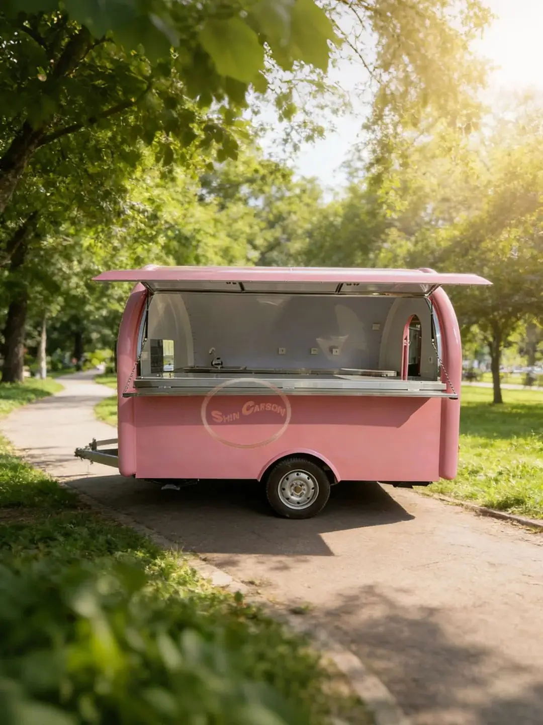 

Bright Pink Outdoor Food Trailer with Large Expandable Serving Window Wheel Equipped Towing Mechanism for Easy Movement
