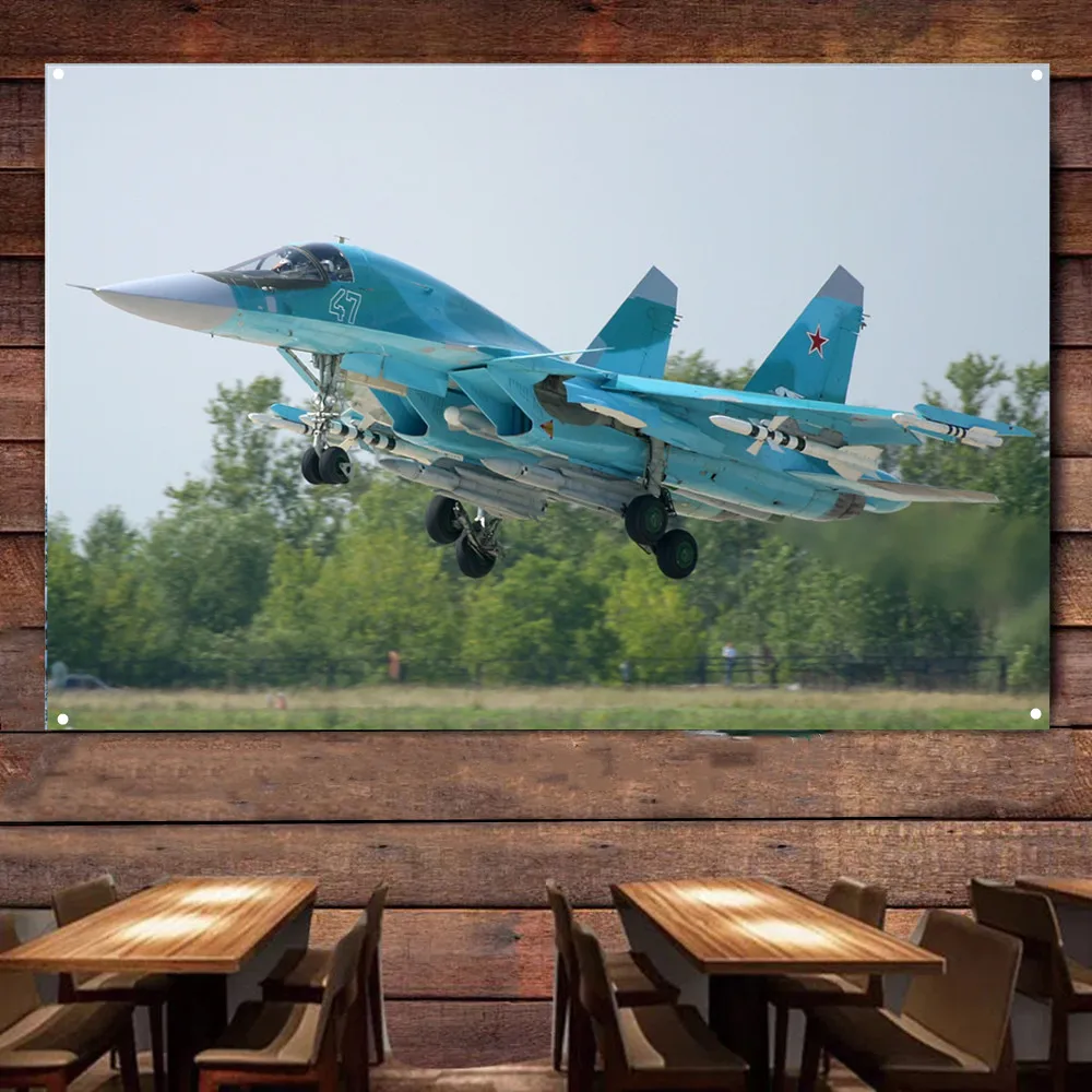 Su-34 Fighter Jet Airplane Flag Hanging Banners Russian Air Force Military Art Poster Wall Art Tapestry Home Decor Painting