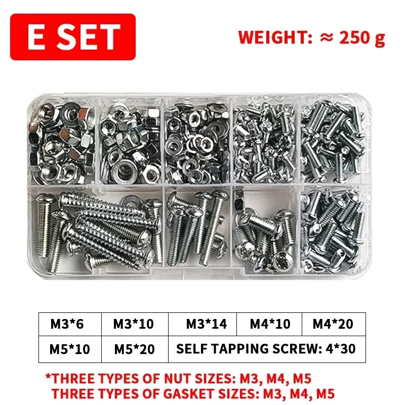 M3 M4 M5 M6 Bolt Nut Box Cross Round Head Phillips Screw Nut Gasket Machine Wire Nail Bolt Screw Steel Self Tapping Screw Set