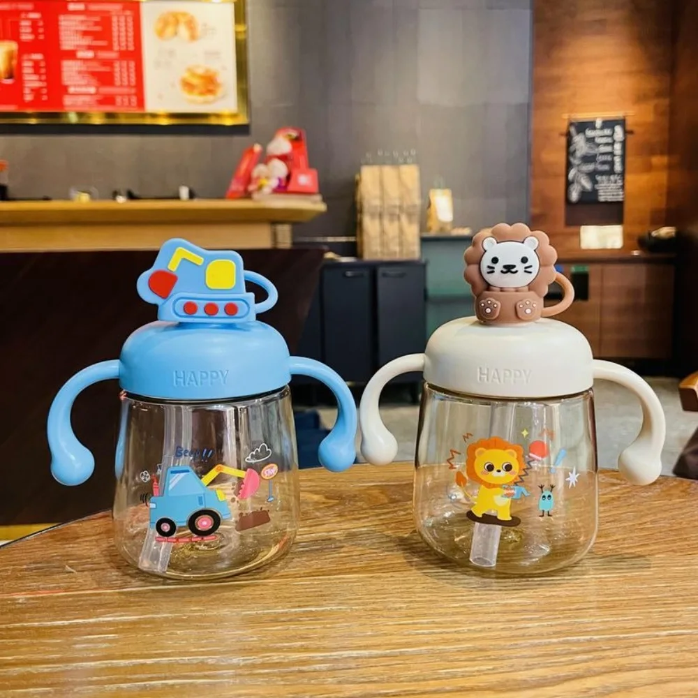 

Portable Cartoon Baby Feeding Bottle 350ml with Straw Baby Drinking Cup Drop Resistant Wide Caliber Toddler Milk Cup Outdoor