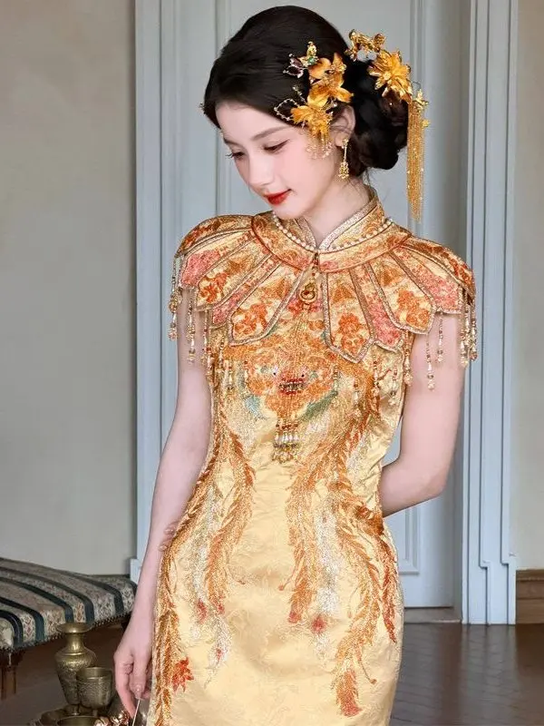 Golden Dragon‑Phoenix Kwa Qipao Dress 2026 Heavy Craft Embroidery Bridal Morning Robe For Engagement Wedding Party