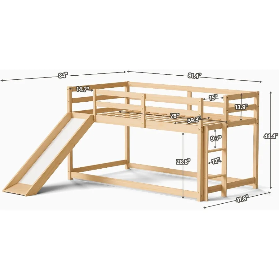' low bunk bed with slide, floor loft twin frame in wood finish, white color, includes climbing ladder, full guardrails, and un