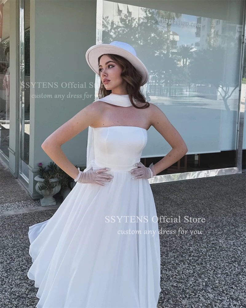 SSYTENS White Wedding Dresses Simple Strapless Beach Bridal Dress with Scarf Ankle-Length Satin Civil Wedding Gowns Customized