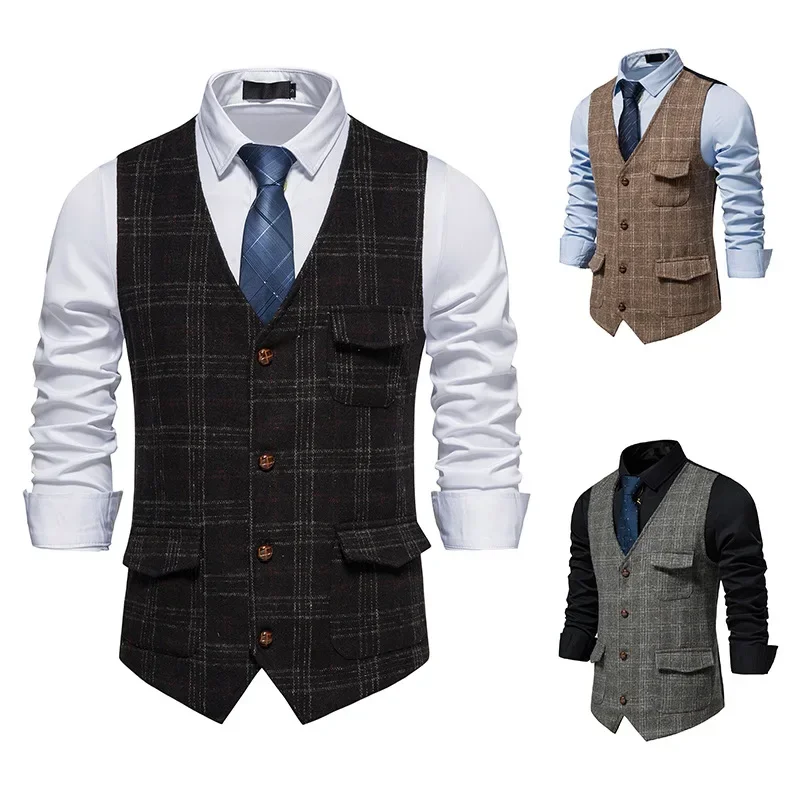 Gilet da uomo Cappotti scozzesi Senza maniche Monopetto con scollo a V Blazer Casual Giunzione regolare Semplice Gilet slim fit Cappotto Abiti autunnali