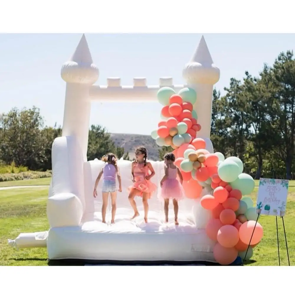 Modern Luxury White Inflatable Bouncy Castle Slide With Climb Wall Moon Bounce House Blow Up Jump Bouncer For Wedding