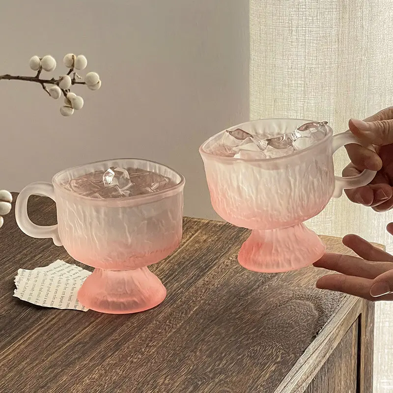 Pink Frosted Glass Niche Personalized 260ml New High Aesthetic Handle Round Footed Glasses Exquisite Milk Breakfast Water Mug
