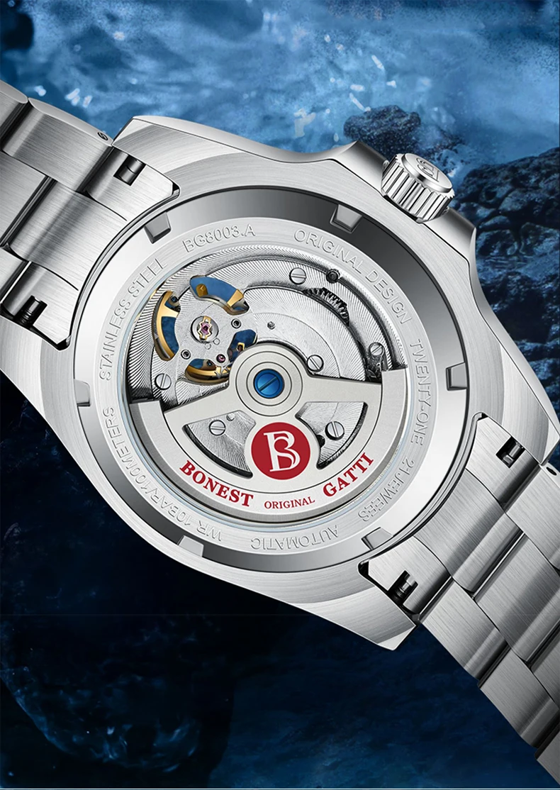 BONEST GATTI Orologio automatico da uomo 42mm Orologio da polso meccanico 10Bar Zaffiro quadrante scheletrato luminoso Lunetta in fibra di carbonio