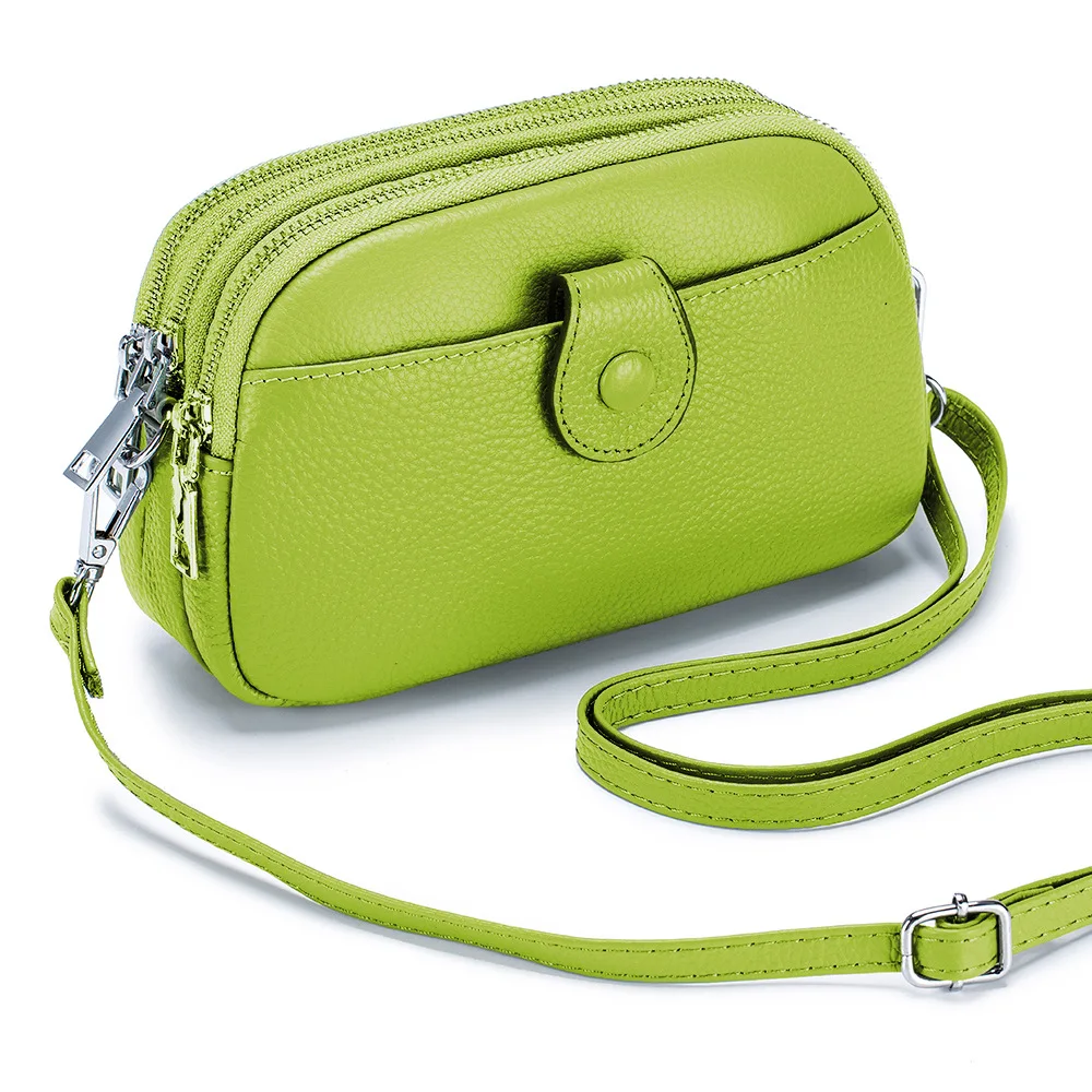 

Small Genuine Leather Crossbody Bag for Women Multi-zipper Cell Phone Bag Adjustable Strap Cow Leather Shoulder or Sling Bag