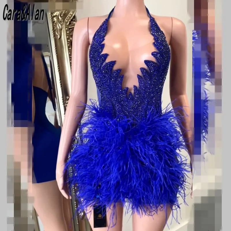 Vestidos De Gala 2025, Vestidos De graduación con plumas De diamantes De imitación, Mini Vestidos De fiesta con cuello Halter, vestido De cumpleaños negro para niñas, personalizado