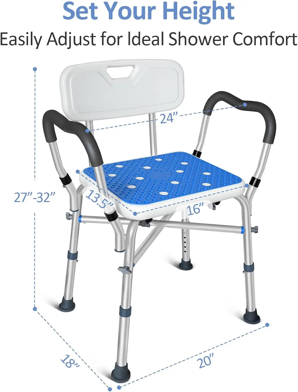 Chaise de douche robuste avec accoudoirs, capacité de 550 lb, hauteur réglable pour la sécurité des personnes âgées et handicapées
