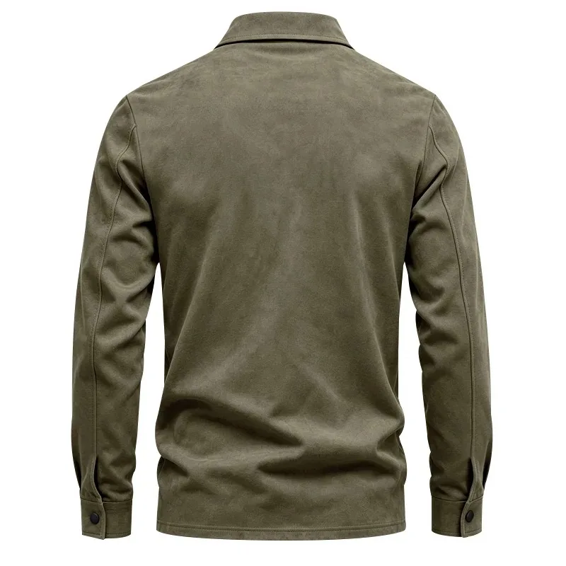 Herren-Freizeitjacke aus Kunstwildleder mit Kragen, langen Ärmeln, Knopfleiste vorne und Brusttaschen, geeignet für Frühling und Herbst. – Detail 16