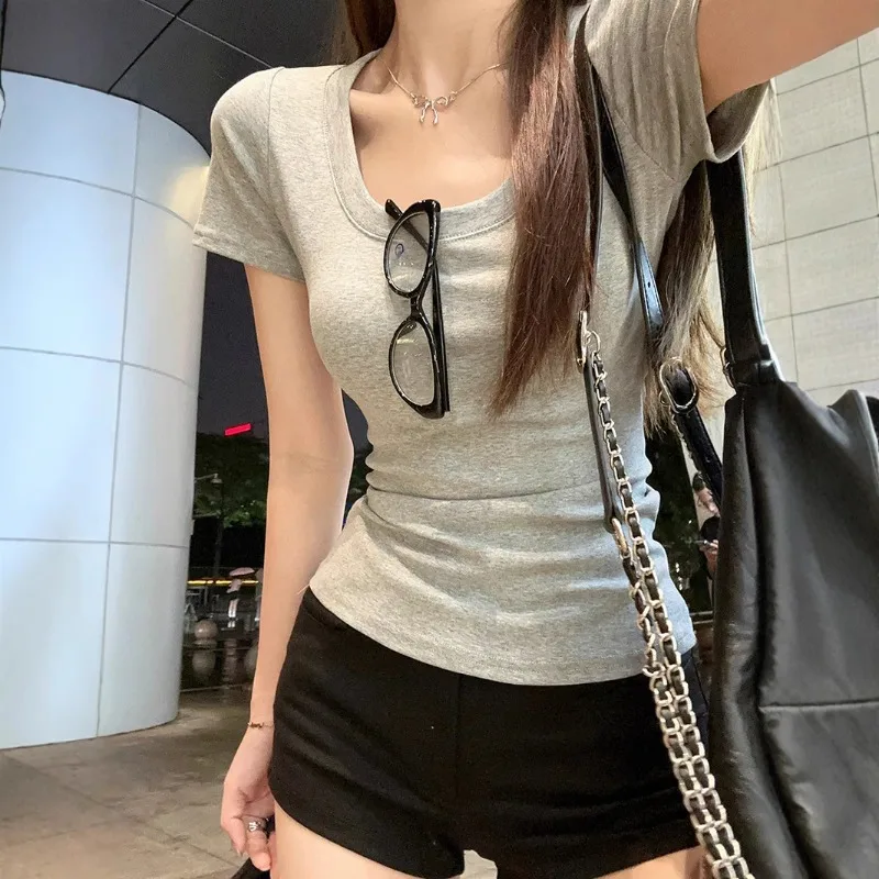 New Lady Summer U-neck Slim-fit Short Sleeve Women Student Solid Color Slimming T-shirt Girls Sports Top Woman Casual Base Shirt