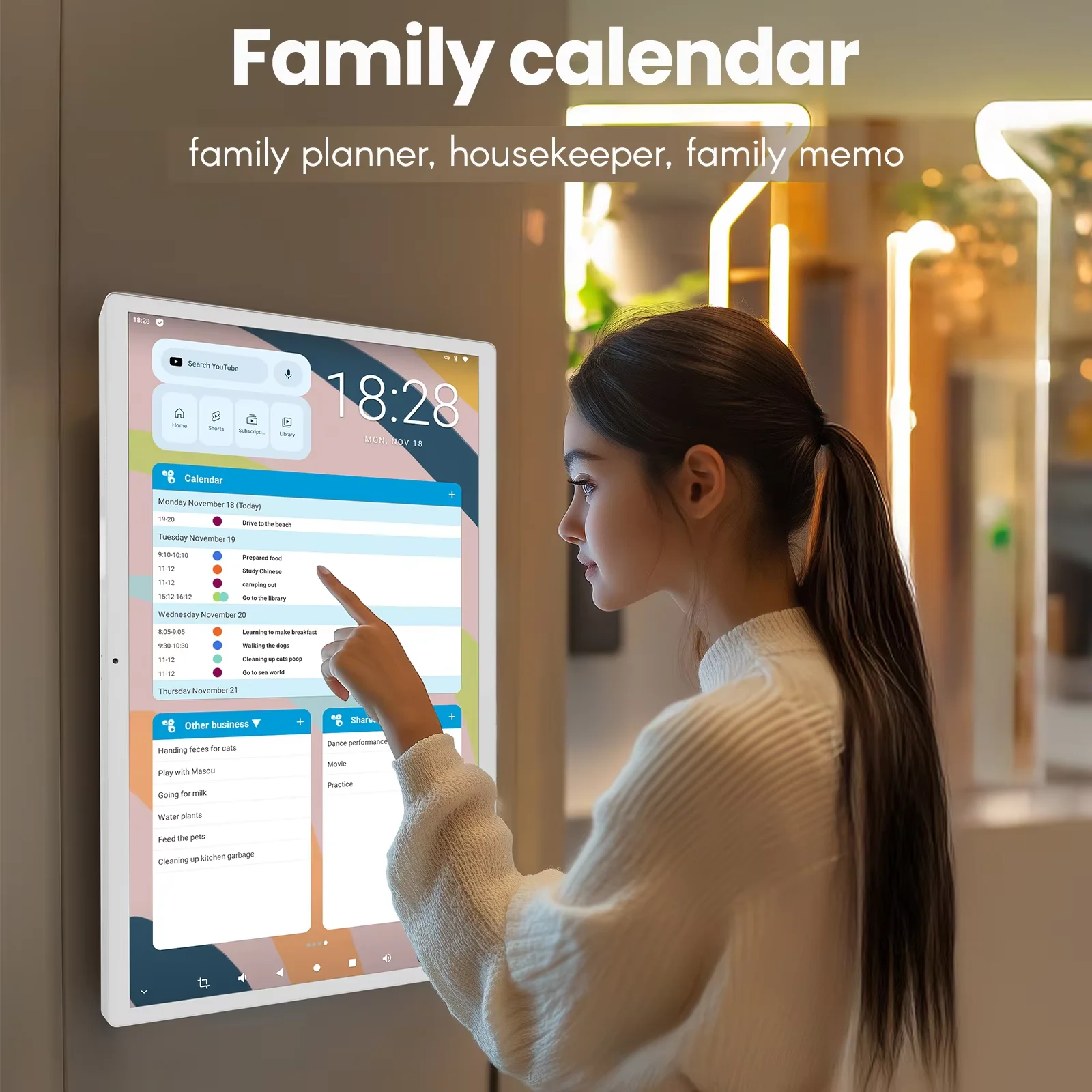 14 inch Family Shared Calendar Wall Mount, Touch Screen Google Notion Agenda Syncs, Edit Schedules Together On One Screen