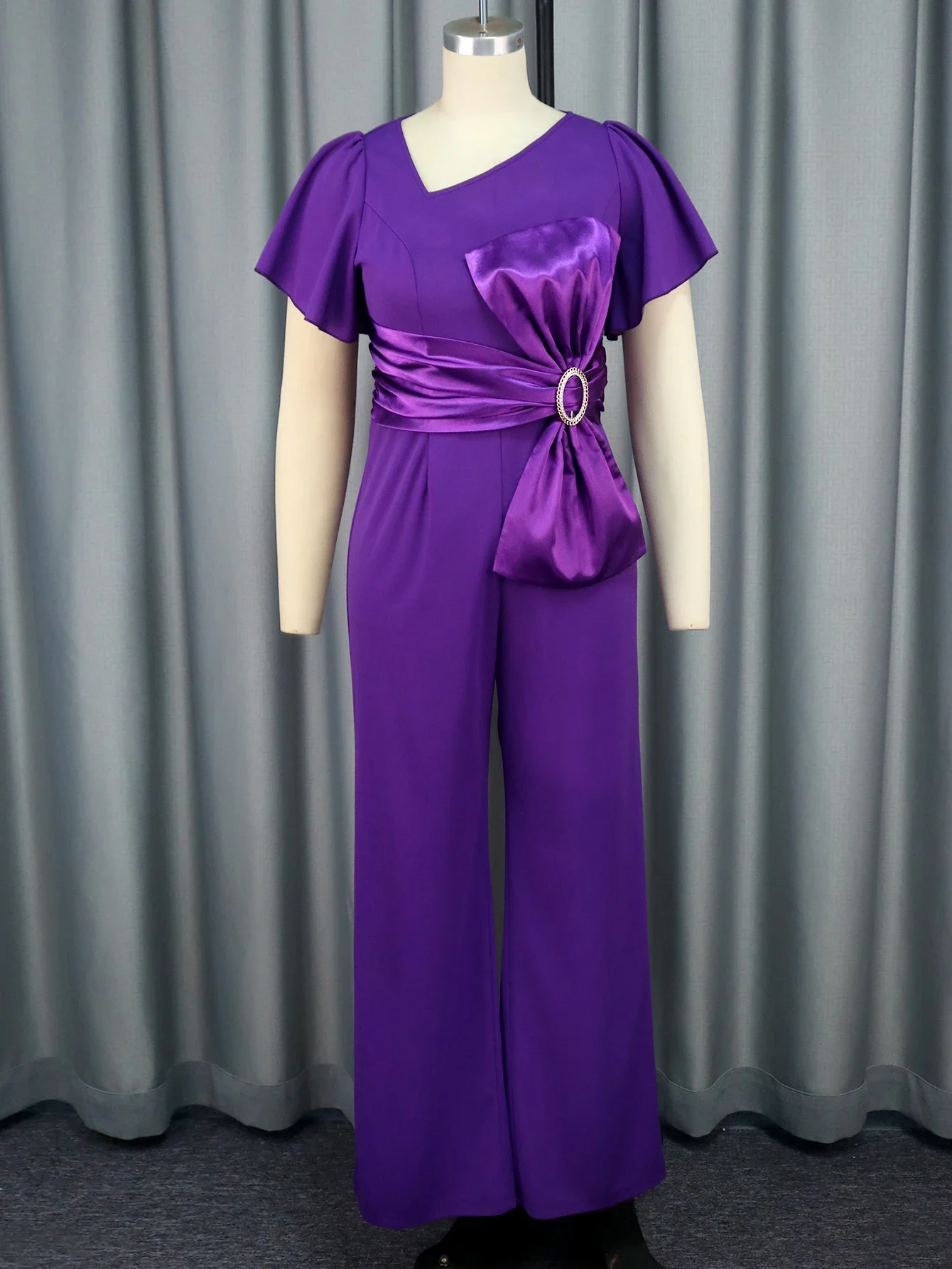 Purple Party Jumpsuits Slant Collar Ruffles Sleeve High Waist Wid Leg Pants Evening Cocktail Rompers Bodycon Overalls for Women