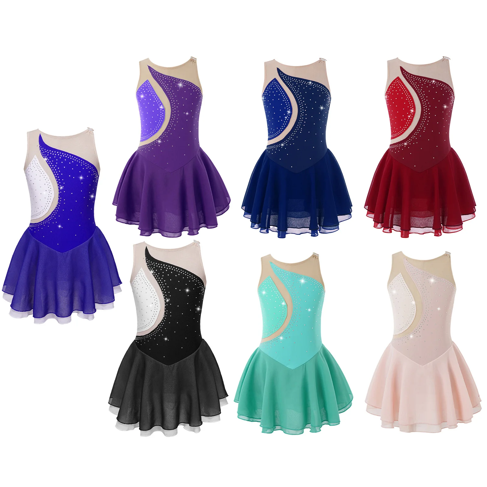 Kids Girls Patchwork Style Dance Dress Stylish Rhinestone Decorated Clothing Sleeveless Round Neckline Dancewear