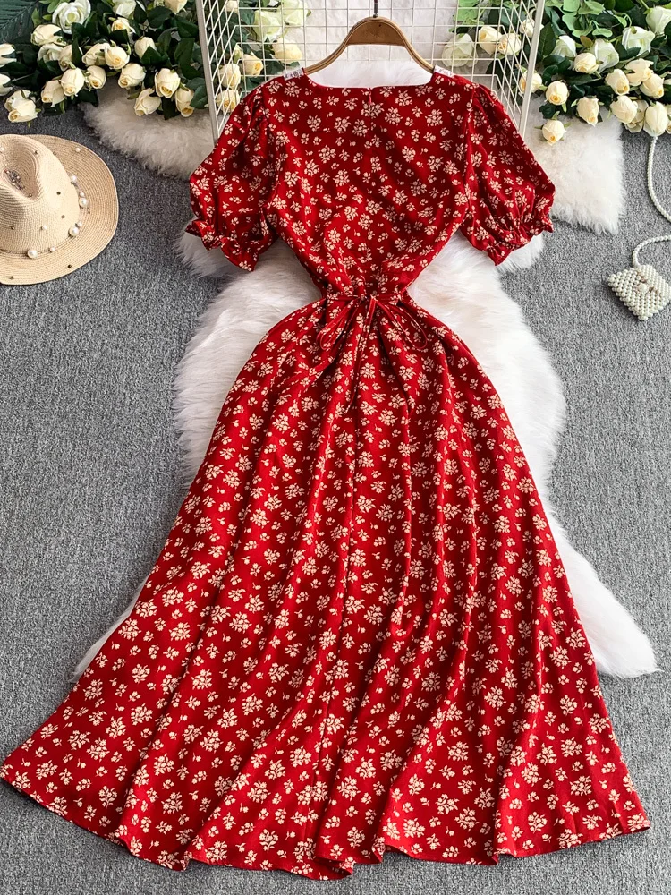 Red Floral Lace Splice V-ne Bubble Sve Dr Women's Summer Slimming Long Skirt High Waist A-line Midi Dr Korean Sle