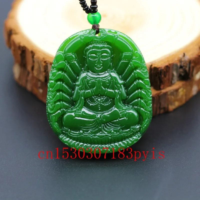 Natural Green Jade Thousand-hand Guanyin Bodhisattva Pendant Necklace Carved Buddha Charm Jewelry Fashion Amulet for Men Women