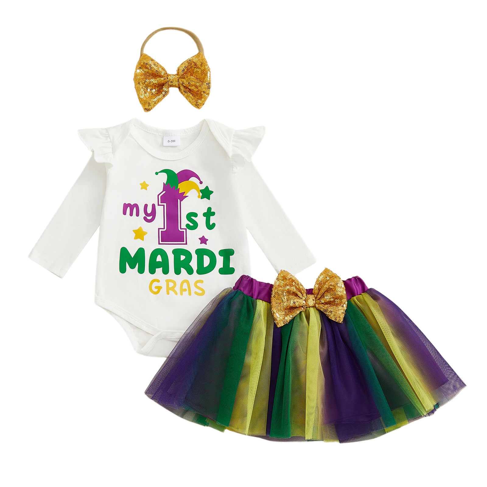 

Baby Girl Mardi Gras Outfit Letter Print Long Sleeves Romper A-line Tulle Skirt Headband Set