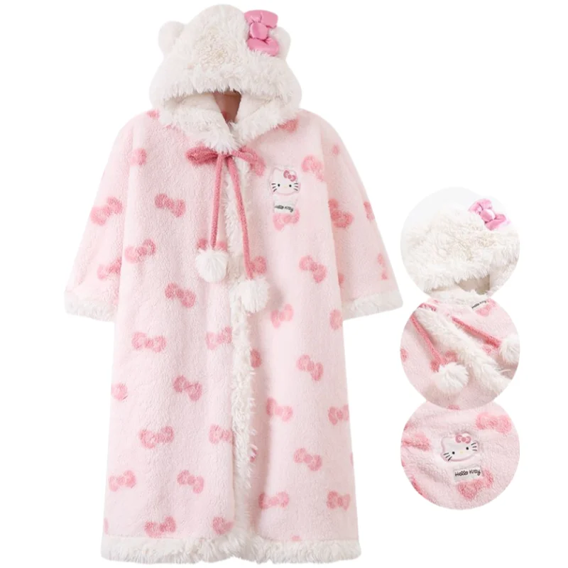 New Sanrio Hello Kitty cartoon girl heart plus velvet thickened pajamas creative kawaii warm home wear hooded cloak bathrobe