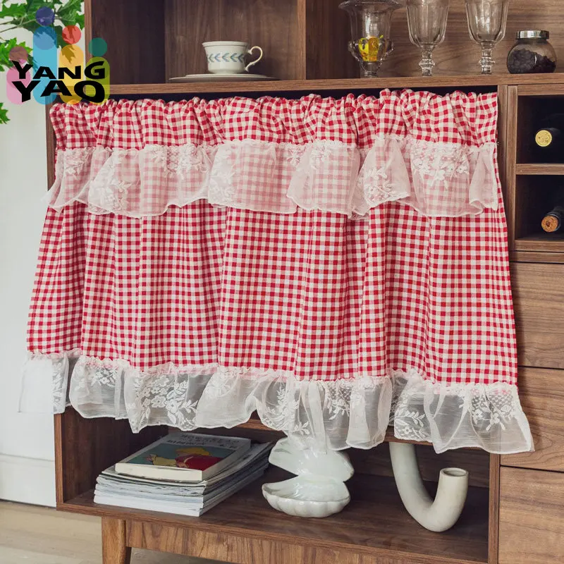 Red White Lattice Window Valance Handmade Embroidered Lace Cupboard Cafe Curtain Short Grid Kitchen Curtains Thanksgiving TJ7127