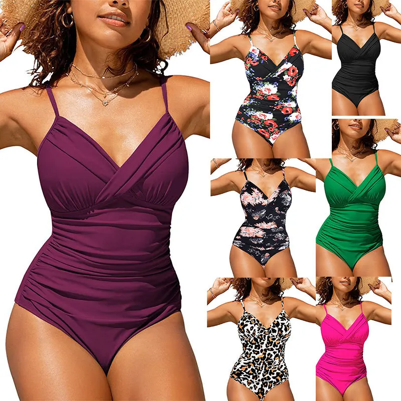 Swimsuit Sexy Plain Cross-fold Tight One-piece Bikini European and American Foreign Trade Swimsuit Cw24099