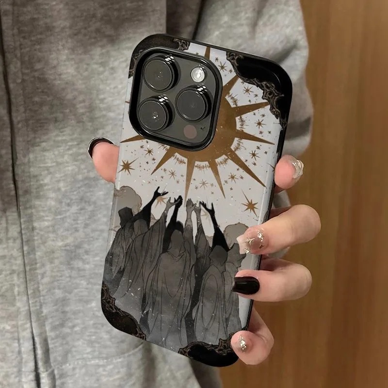 Mystical Sun Worship Dark Academia Style Gilded Sun & Star Phone Case for iPhone 17 16 15 14 11 12 13 Pro Max Plus Back Cover