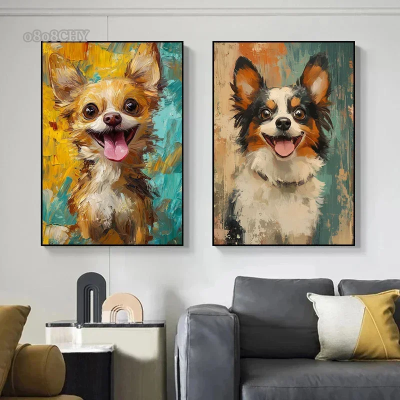 Cute Chihuahua Portrait Abstract Art Canvas Painting Cute Dog Portrait Posters and Prints Wall Art Picture for Home Room Decor