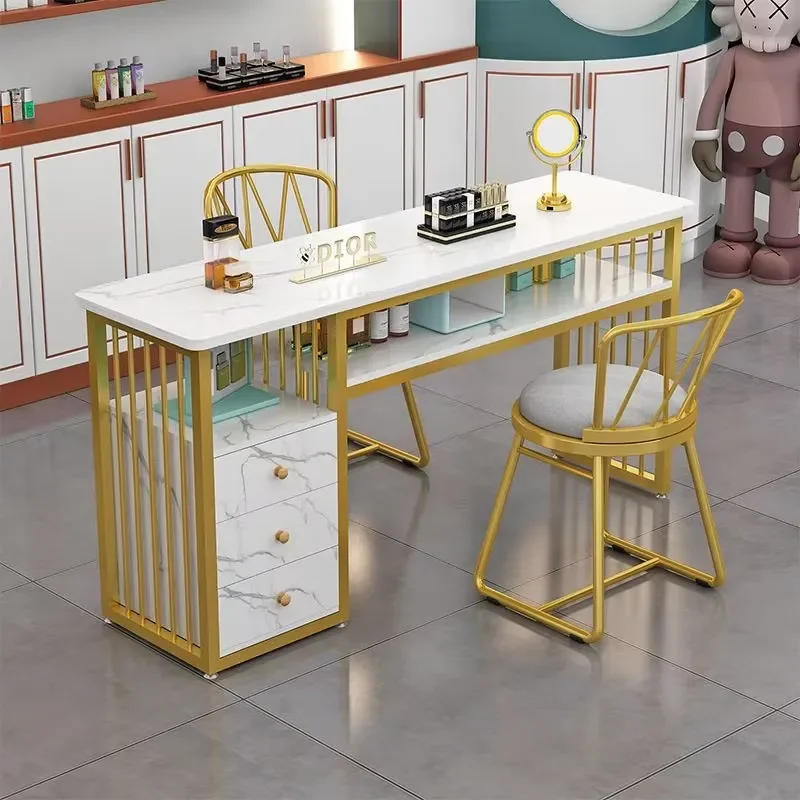 Stainless Steel Frame Nail Table Sets Modern Salon White and Gold Manicure Table with 3 Drawers