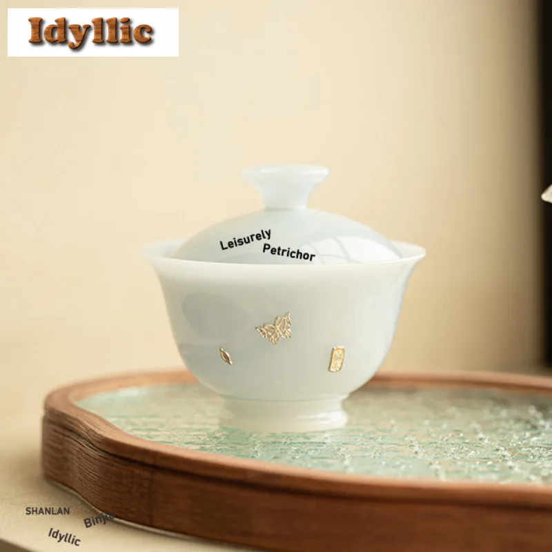 

120 мл нефритовый ледяной семян, позолоченный серебряный бабочка, гавань, чайная чаша ручной работы с крышкой, комплект чайника, крышка, чаша, чайные предметы, ремесло