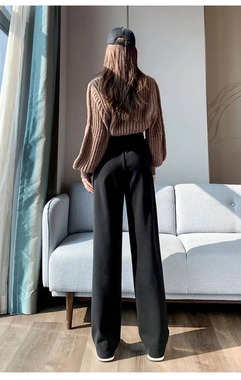 Brown Woolen High-end Suit Pants for Women in Autumn and Winter 2023 New Narrow Version Straight Wide-leg Pants with Drape