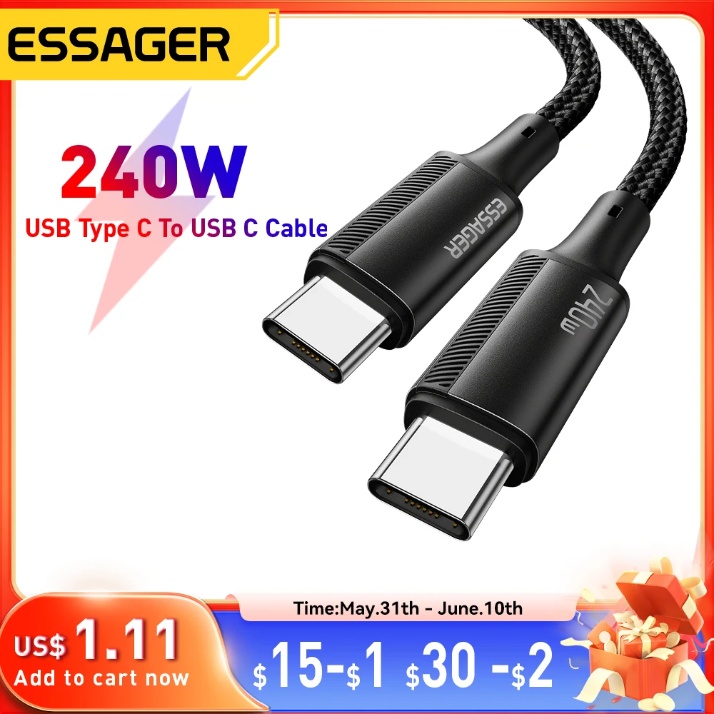 Essager 240W USB Type C To USB C Cable For Macbook iPad Samsung Huawei PD Fast Charging Charger Cord 5A E-Marker Chip Fast USB C