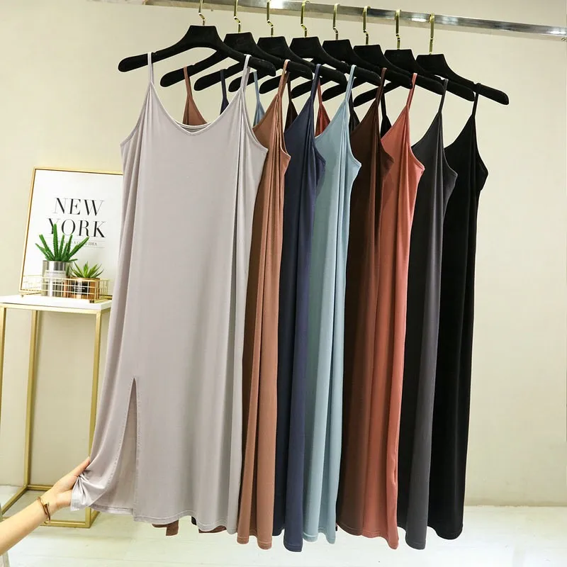 Summer Women's Modal Slim Medium and Long Double-Shoulder Suspender Skirt High-Elastic Side Split Versatile Undershirt