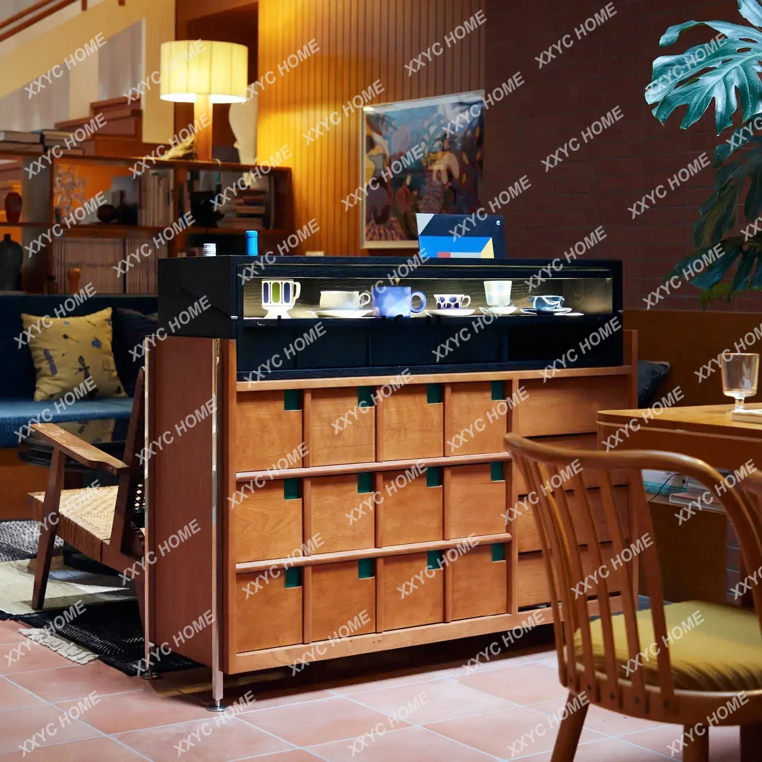 TTAmerican Medieval Storage Retro Chest Cabinet, Cherry Wood Dining Side Cabinet, Large Drawer, Bar Counter Cabinet