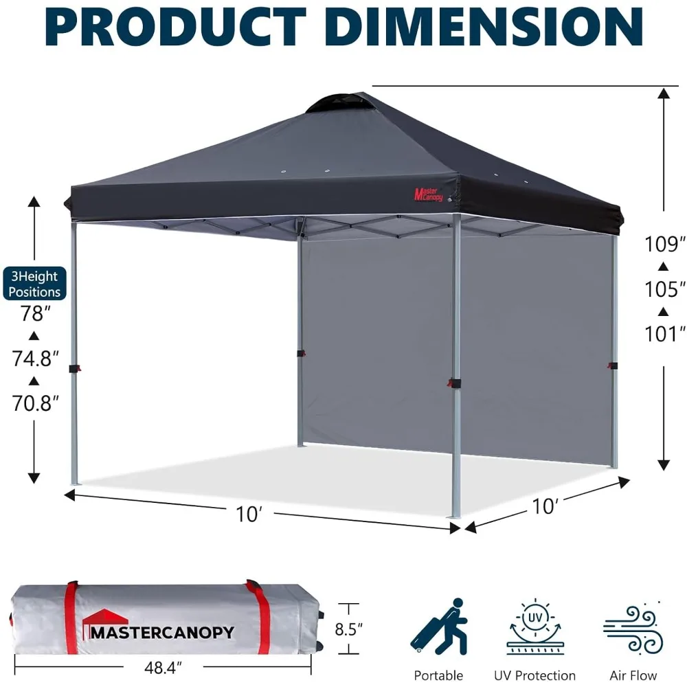 Durable 10'x10' Black Pop-Up Canopy Tent with One Side Panel
