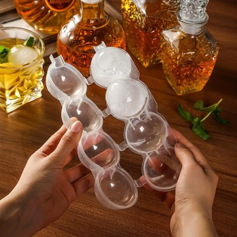4 agujeros esfera 3d grande redondo transparente bola de hielo moldes para cubitos paleta esfera Hockey Puck Maker plástico whisky bandeja de hielo moldes